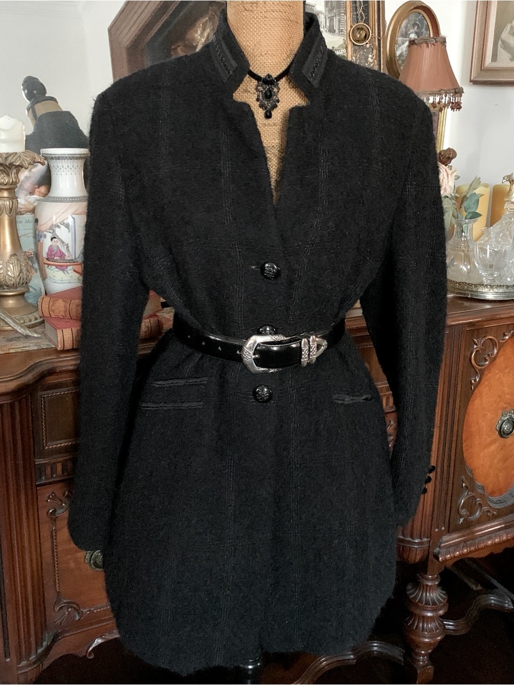 Vintage Virgin Wool Mohair Alpaca Tweed Black Gothic Count Countess Blazer Coat